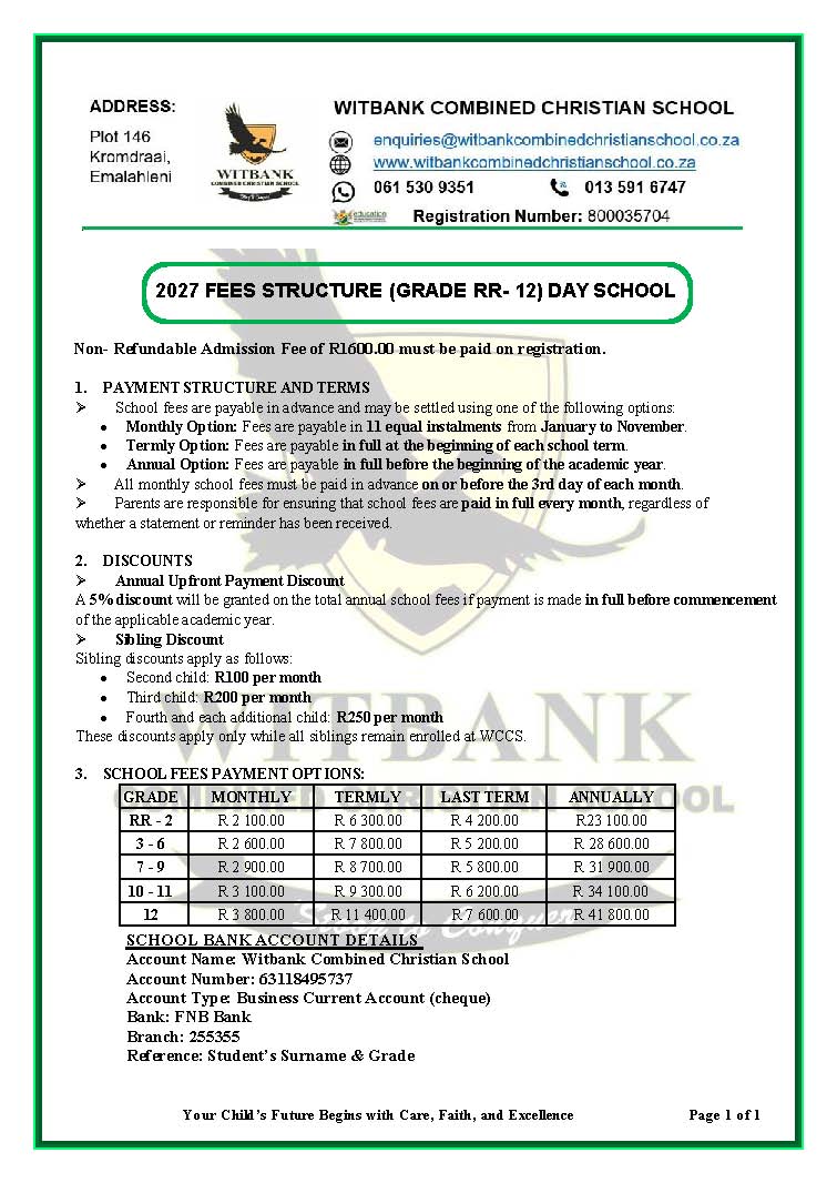 Day school fees structure - 2027